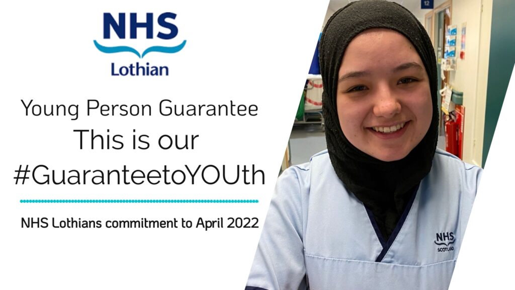 NHS Lothian Young Person Guarantee image. This is our hash tag guarantee to youth. Photo of smiling young woman.